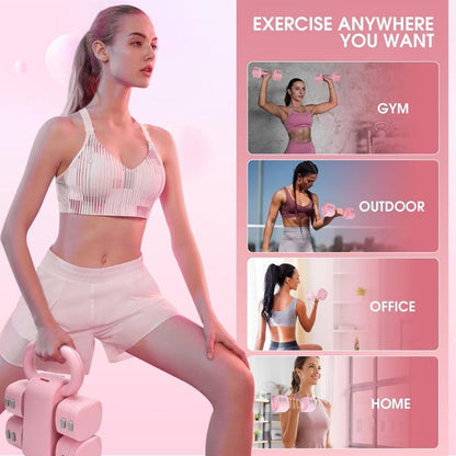 Woman demonstrating adjustable weight dumbbells kettlebells for workouts in gym, outdoor, office, and home settings.
