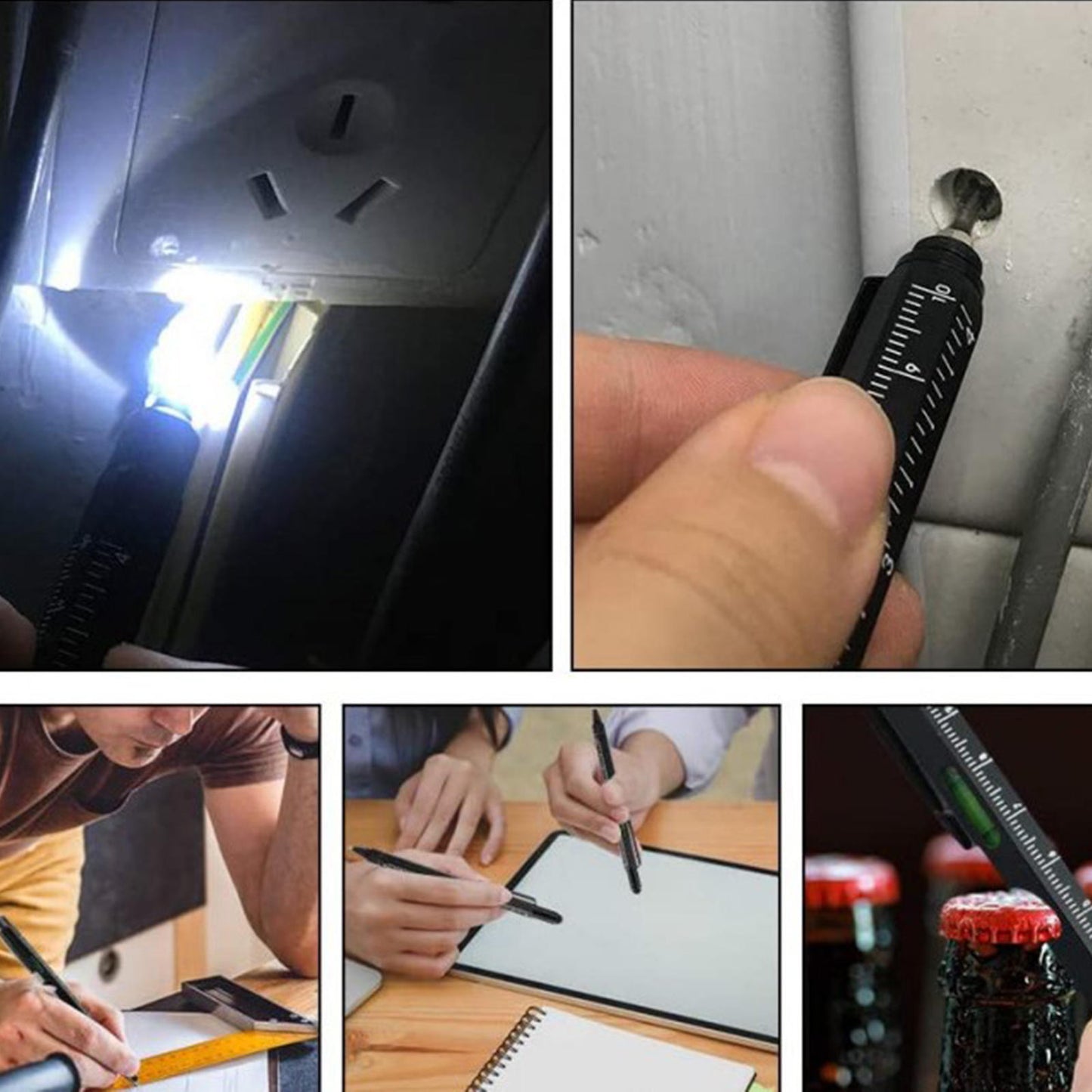 Multi-functional pen tool showcased in various uses including lighting, writing, and measuring.