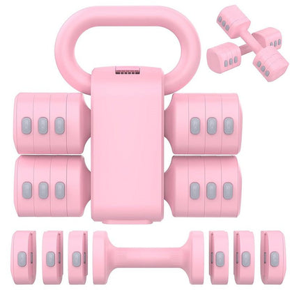 Adjustable weight dumbbells kettlebells set in pink for versatile home workouts.