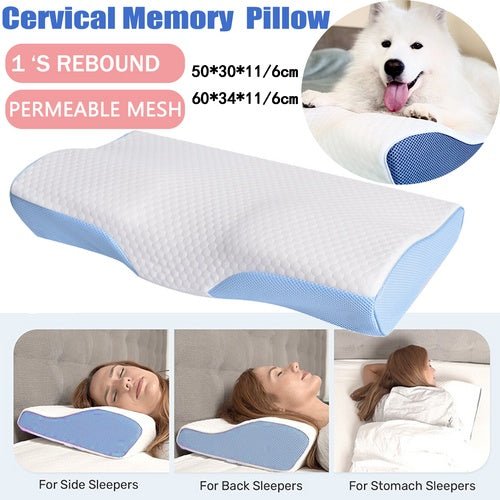 Ergonomic cervical pillow with contoured design for neck support, available in standard and king sizes.