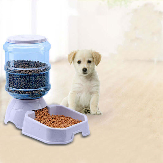 Automatic Pet Feeder Water Fountain with dog near food dispenser for pet hydration and convenience.