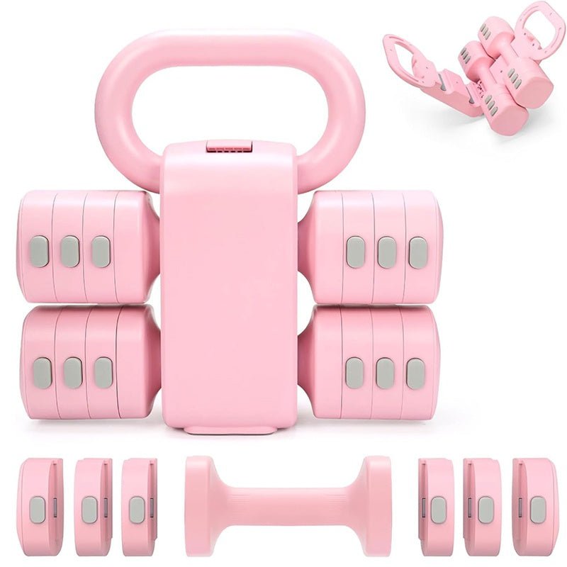 Adjustable weight dumbbells kettlebells in pink, featuring a compact 2-in-1 design for versatile workouts.