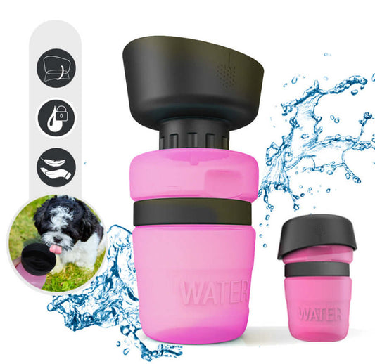 Dog Travel Portable Water Bottle in pink, designed for hydration on-the-go for your furry friends.
