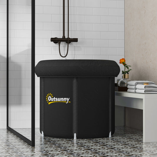 Portable cold plunge tub ideal for athlete recovery, featuring an inflatable design and black thermo lid in a modern bathroom setting.