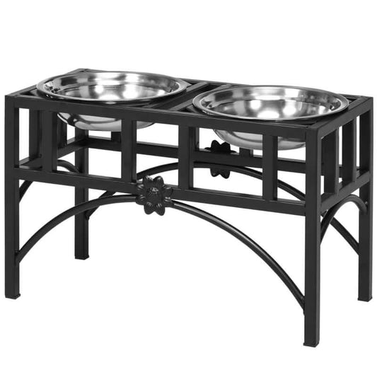 Double Stainless Steel Heavy Duty Dog Food Bowl Elevated Pet Feeding Station with black metal frame and two stainless steel bowls.