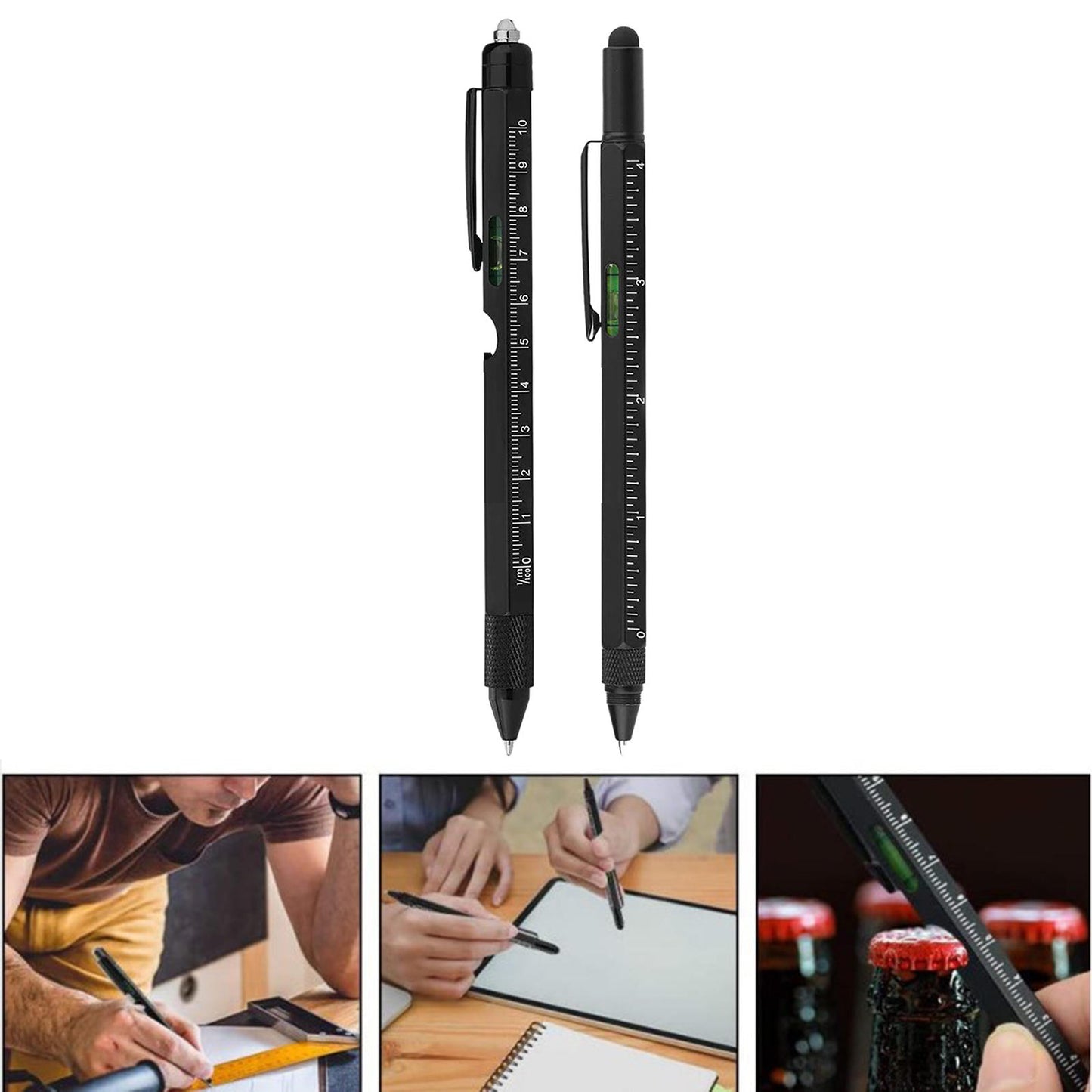 Multi-functional pen tool displayed with bottle opener and in use for writing and measuring in various settings.